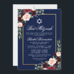Bat Mitzvah Floral Burgundy Blue Gold Invitation<br><div class="desc">Bat Mitzvah Watercolor Burgundy Marsala Blue Floral Gold Invitation Card</div>