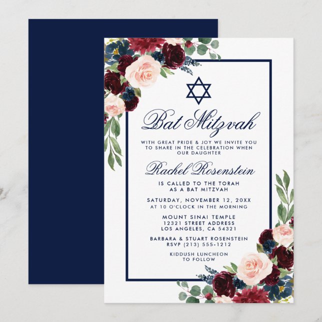 Bat Mitzvah Floral Burgundy Blue Invitation (Front/Back)