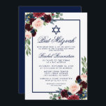Bat Mitzvah Floral Burgundy Blue Invitation<br><div class="desc">Bat Mitzvah Watercolor Burgundy Marsala Blue Floral Invitation Card</div>
