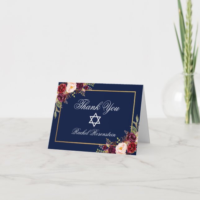 Bat Mitzvah Floral Burgundy Gold Note Thank You Card (Front)