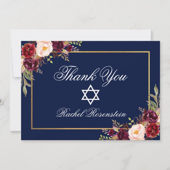 Bat Mitzvah Floral Burgundy Gold Thank You Card (Front)