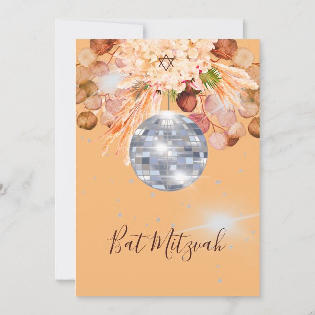 Bat Mitzvah Floral Orange Disco Ball  Invitation (Back)