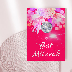 Bat Mitzvah Floral Pink Disco Ball   Invitation