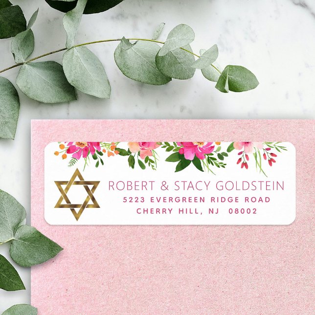 Bat Mitzvah Floral Pink Gold Girly Return Address (Creator Uploaded)