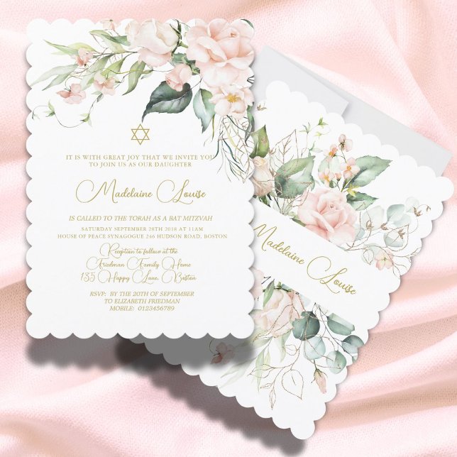 Bat Mitzvah Floral Pink Watercolor Elegant  Invitation (Creator Uploaded)