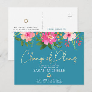 Bat Mitzvah Floral Watercolor Gold Script Blue  Invitation Postcard