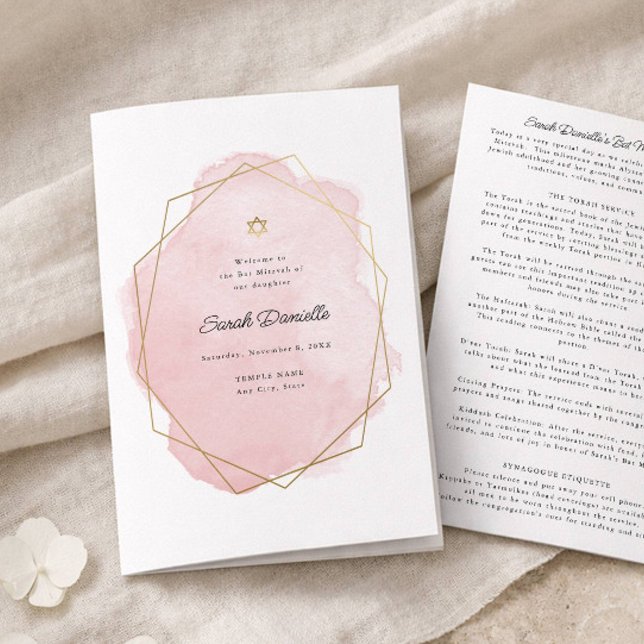 Bat Mitzvah Folded Paper Program, Pink and Gold  (Creator Uploaded)