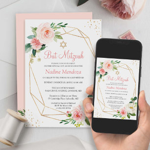 Bat Mitzvah   Geometric Blush Pink Floral Invitation