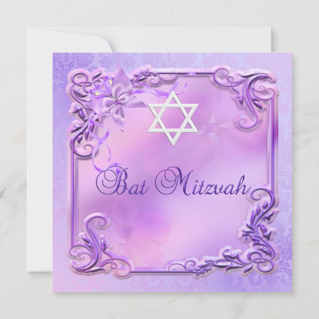 Bat Mitzvah Girl Pretty Purple Pink Floral Invitation (Back)