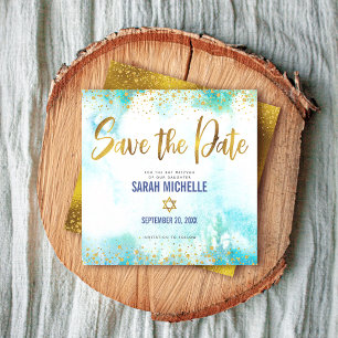 Bat Mitzvah Girly Turquoise Watercolor & Gold Foil Save The Date