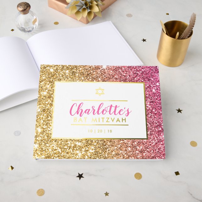 BAT MITZVAH glam chic cool luxe pink gold glitter Guest Book (Front Open)