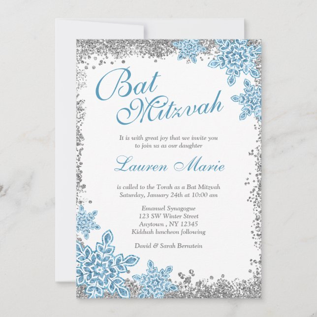 Bat Mitzvah Glam Winter Wonderland Silver Blue Invitation (Front)