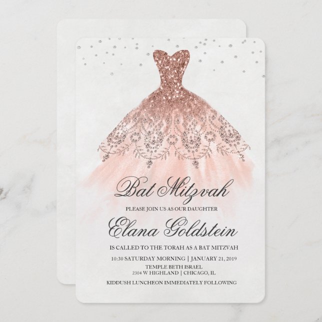 Bat Mitzvah Glitter Dress Diamond Invitation (Front/Back)