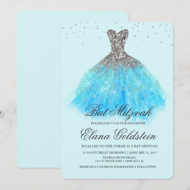 Bat Mitzvah Glitter Dress Diamond Invitation (Front/Back)