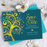 Bat Mitzvah Gold & Blue Foil Tree of Life on Teal Save The Date<br><div class="desc">Make sure all your friends and relatives will be able to celebrate your daughter’s milestone Bat Mitzvah! Send out this stunning, graphic faux gold foil tree with sparkly turquoise, teal, purple and blue Star of David and dot “leaves” on a rich dark teal blue background, personalised “Save the Date” announcement...</div>
