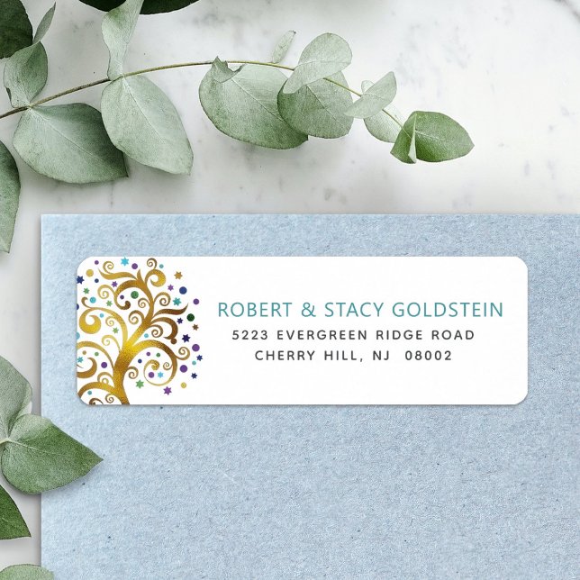 Bat Mitzvah Gold Blue Tree of Life Return Address (Creator Uploaded)