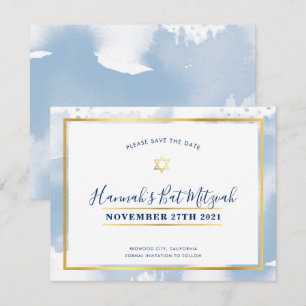 BAT MITZVAH gold blue watercolor save the date Invitation