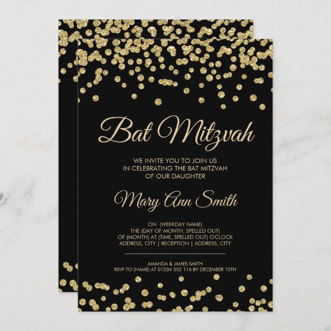 Bat Mitzvah Gold Faux Glitter Confetti Black Invitation (Front/Back)