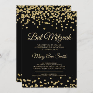 Bat Mitzvah Gold Faux Glitter Confetti Black Invitation