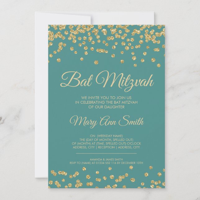 Bat Mitzvah Gold Faux Glitter Confetti Teal Invitation (Front)