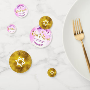 Bat Mitzvah Gold Foil Script, Chic Pink Watercolor Confetti