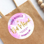 Bat Mitzvah Gold Foil Script on Pink Watercolor Classic Round Sticker<br><div class="desc">Be proud, rejoice and celebrate this milestone of your favourite Bat Mitzvah! Use this stunning, modern, sparkly gold faux foil handwritten script, Star of David and tiny dots against a light pink watercolor background sticker to add to her special day. Personalise the custom text with her name and date of...</div>