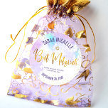 Bat Mitzvah Gold Foil Script on Purple Watercolor Classic Round Sticker<br><div class="desc">Be proud, rejoice and celebrate this milestone of your favourite Bat Mitzvah! Use this stunning, modern, sparkly gold faux foil handwritten script, Star of David and tiny dots against a light purple watercolor background sticker to add to her special day. Personalise the custom text with her name and date of...</div>