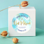 Bat Mitzvah Gold Foil Script, Turquoise Watercolor Classic Round Sticker<br><div class="desc">Be proud, rejoice and celebrate this milestone of your favourite Bat Mitzvah! Use this stunning, modern, sparkly gold faux foil handwritten script, Star of David and tiny dots against a turquoise blue watercolor background sticker to add to her special day. Personalise the custom text with her name and date of...</div>