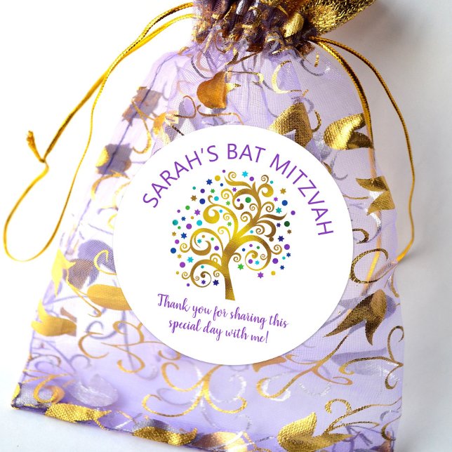 Bat Mitzvah Gold Foil Tree Life, Purple Typography Classic Round Sticker (Creator Uploaded)