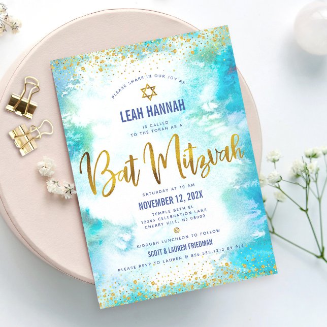 Bat Mitzvah Gold Foil Turquoise Modern Watercolor Invitation (Creator Uploaded)