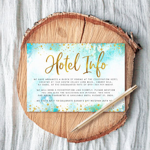 Bat Mitzvah gold foil turquoise watercolor hotel Enclosure Card