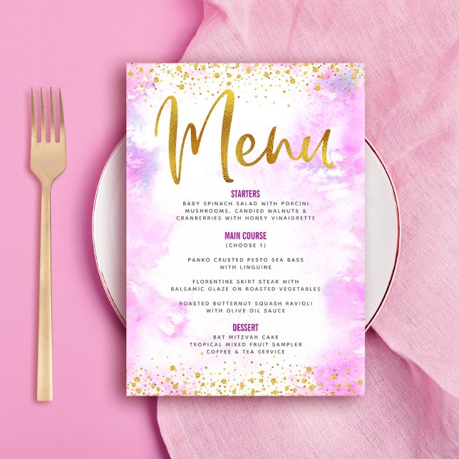 Bat Mitzvah Gold Glitter Foil Chic Pink Watercolor Menu (Coordinating invites, save the dates, labels, stickers, thank you cards & more are also available!)