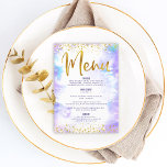 Bat Mitzvah Gold Glitter Foil Purple Watercolor  Menu<br><div class="desc">Be proud, rejoice and showcase this milestone of your favourite Bat Mitzvah with a celebration to be proud of! Tempt your guests with this stunning, modern, party meal menu, featuring sparkly gold faux foil and glitter dots and typography script against a soft purple watercolor background. Her name, date of event,...</div>