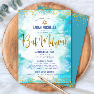 Bat Mitzvah Gold Glitter Turquoise Watercolor Chic Invitation