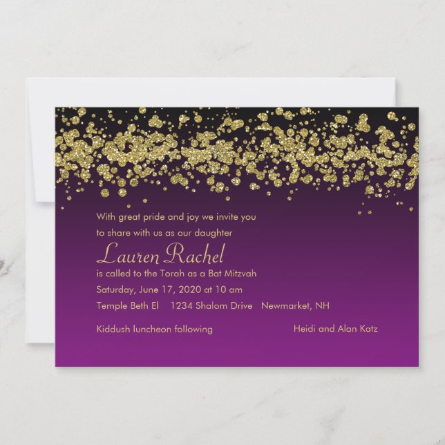 Bat Mitzvah Gold Glittery Black Border Any Colour Invitation (Front)