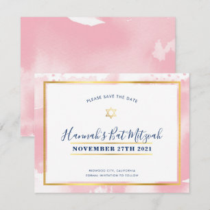 BAT MITZVAH gold pink watercolor save the date Invitation