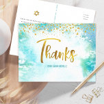 Bat Mitzvah Gold Script Blue Watercolor Thank You Postcard<br><div class="desc">Make sure your favourite Bat Mitzvah shows her appreciation to all who supported her milestone event! Send out this stunning, modern, sparkly gold faux foil handwritten script and tiny dots overlaying a turquoise blue watercolor background, personalised thank you postcard. On the front, personalise with your Bat Mitzvah’s name. Add a...</div>
