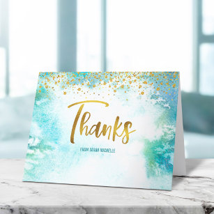 Bat Mitzvah Gold Script on Turquoise Watercolor Thank You Card