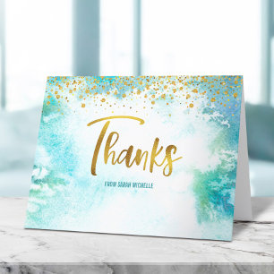 Bat Mitzvah Gold Script on Turquoise Watercolor Thank You Card