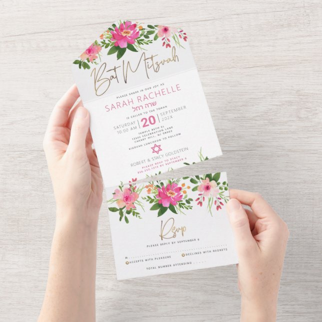 Bat Mitzvah Gold Script Pink Floral Watercolor All In One Invitation (Tearaway)