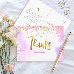 Bat Mitzvah Gold Script Pink Watercolor Thank You  Postcard<br><div class="desc">Make sure your favourite Bat Mitzvah shows her appreciation to all who supported her milestone event! Send out this stunning, modern, sparkly gold faux foil handwritten script and tiny dots overlaying a light pink watercolor background, personalised thank you postcard. On the front, personalise with your Bat Mitzvah’s name. Add a...</div>