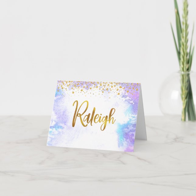 Bat Mitzvah Gold Script Purple Custom Name Raleigh Thank You Card (Front)