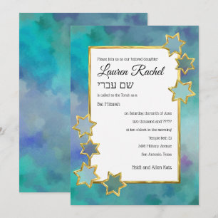 Bat Mitzvah Gold Star Abstract Design Blue Invitation