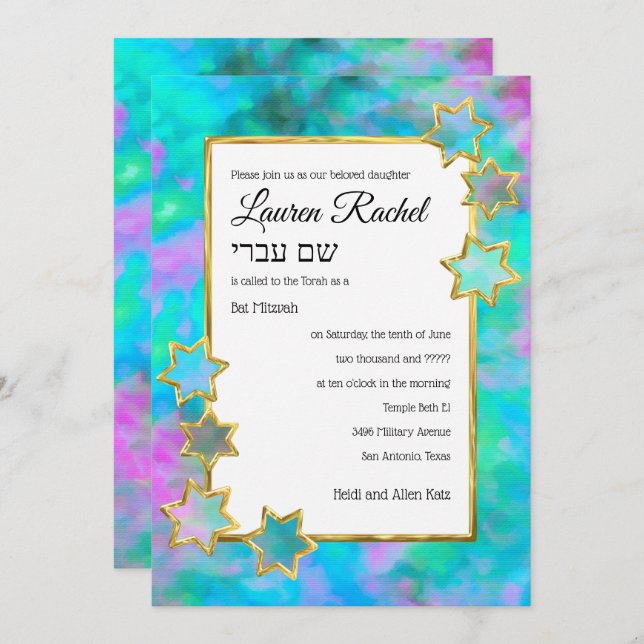 Bat Mitzvah Gold Star Abstract Green Blue Pink Invitation (Front/Back)