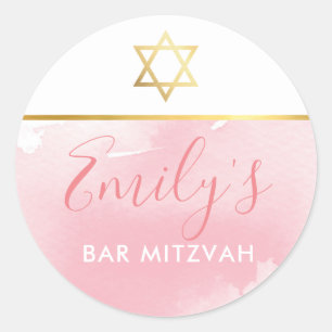 BAT MITZVAH gold star chic blush pink watercolor Classic Round Sticker