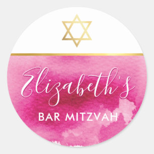 BAT MITZVAH gold star chic pink watercolor invite Classic Round Sticker