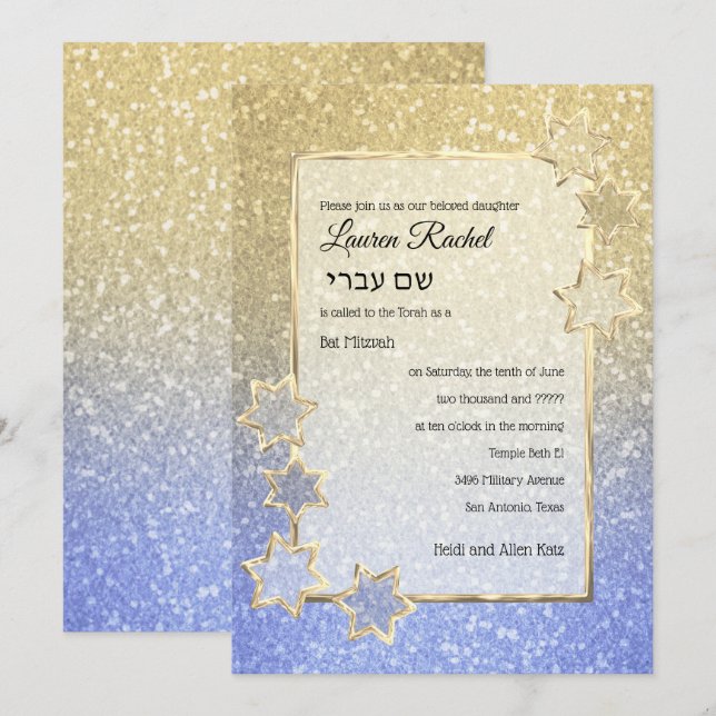 Bat Mitzvah Gold Star Gold Blue Ombre Glitter Invitation (Front/Back)