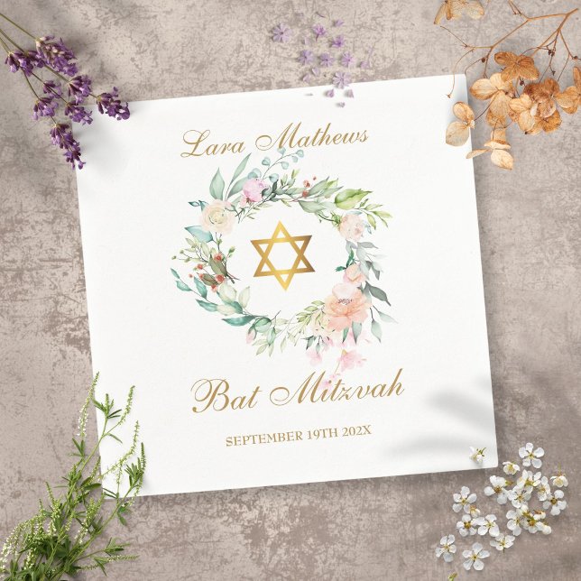 Bat Mitzvah Gold Star of David Floral Napkin (Creator Uploaded)