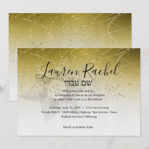 Bat Mitzvah Gold Star of David Glittery Invitation