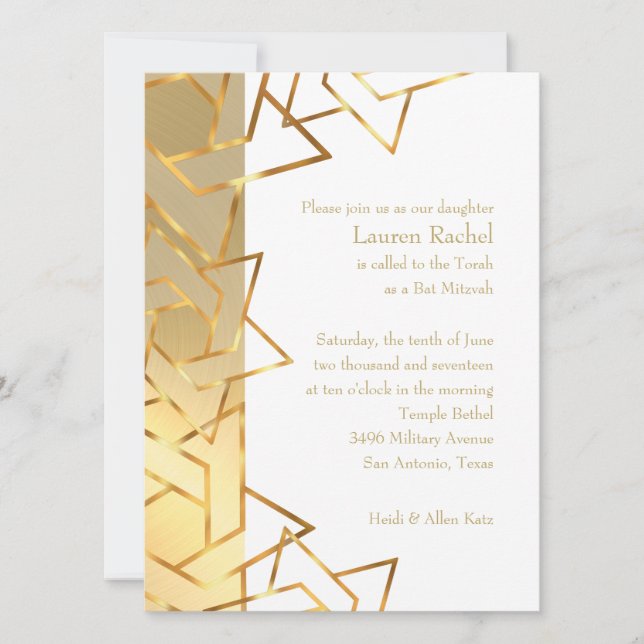 Bat Mitzvah Gold Star of David on Any Colour Invitation (Front)